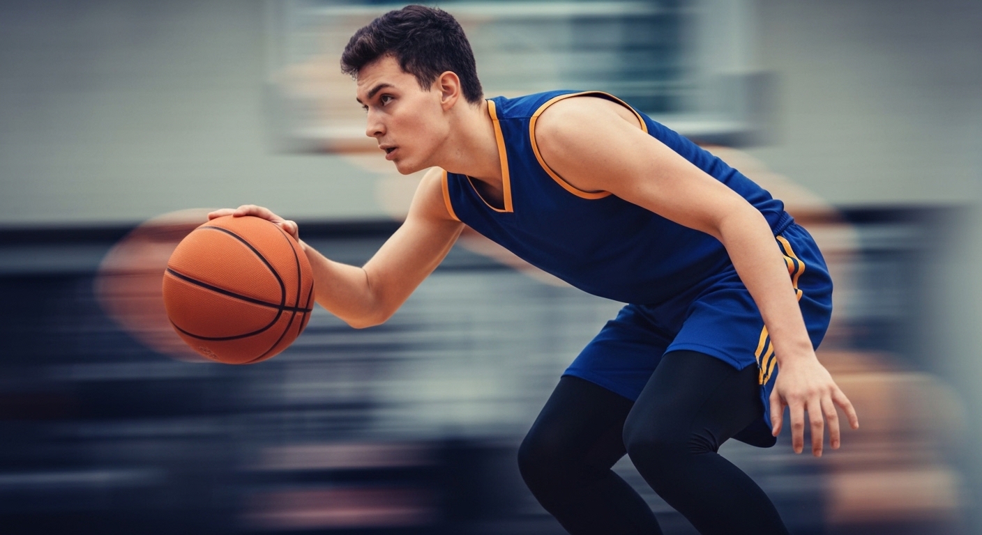 Determined diverse young basketball prospect dribbling, showcasing athletic form and aspiration.