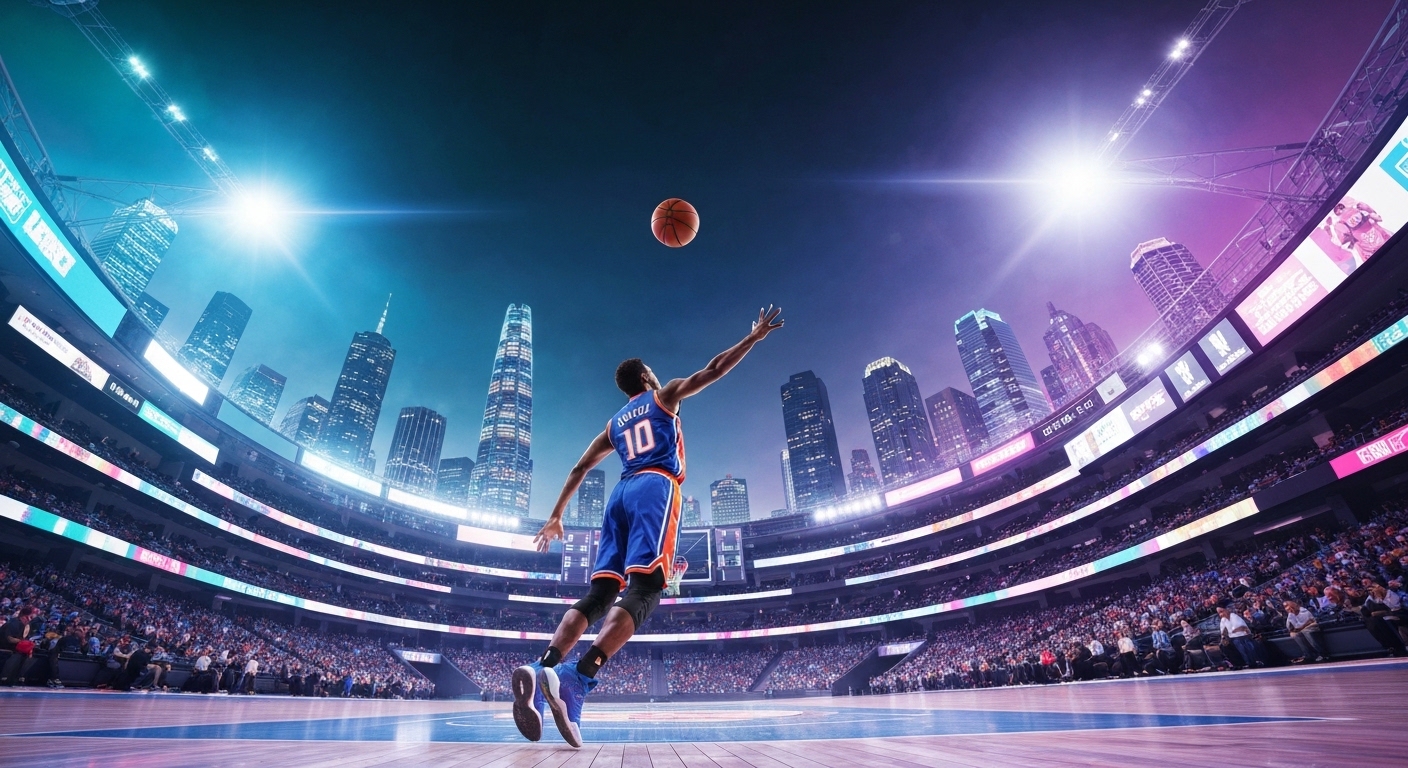 Motion-blurred basketball above futuristic arena and diverse cityscapes.