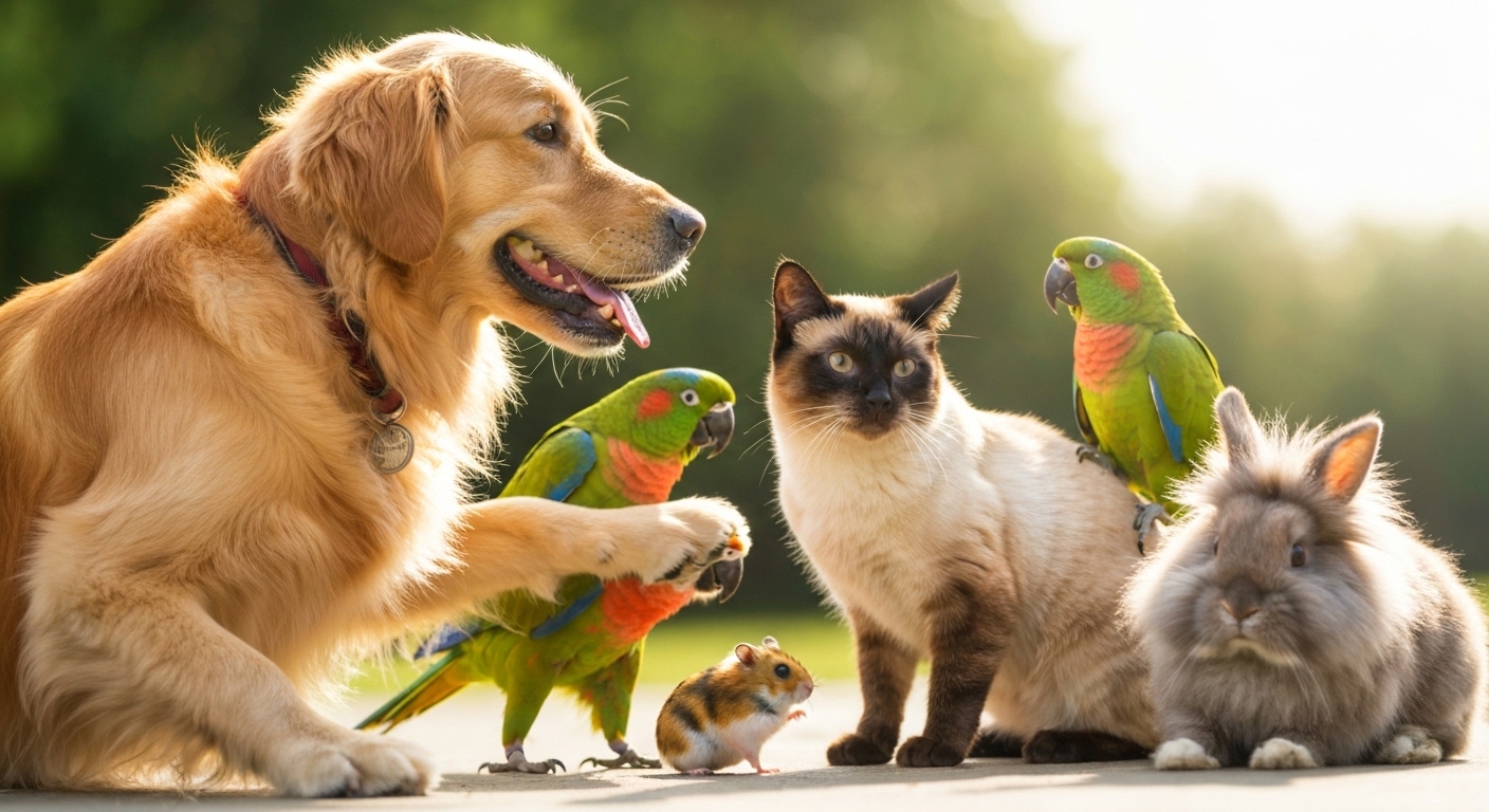 Playful dogs, cats, birds, and small mammals interacting happily.