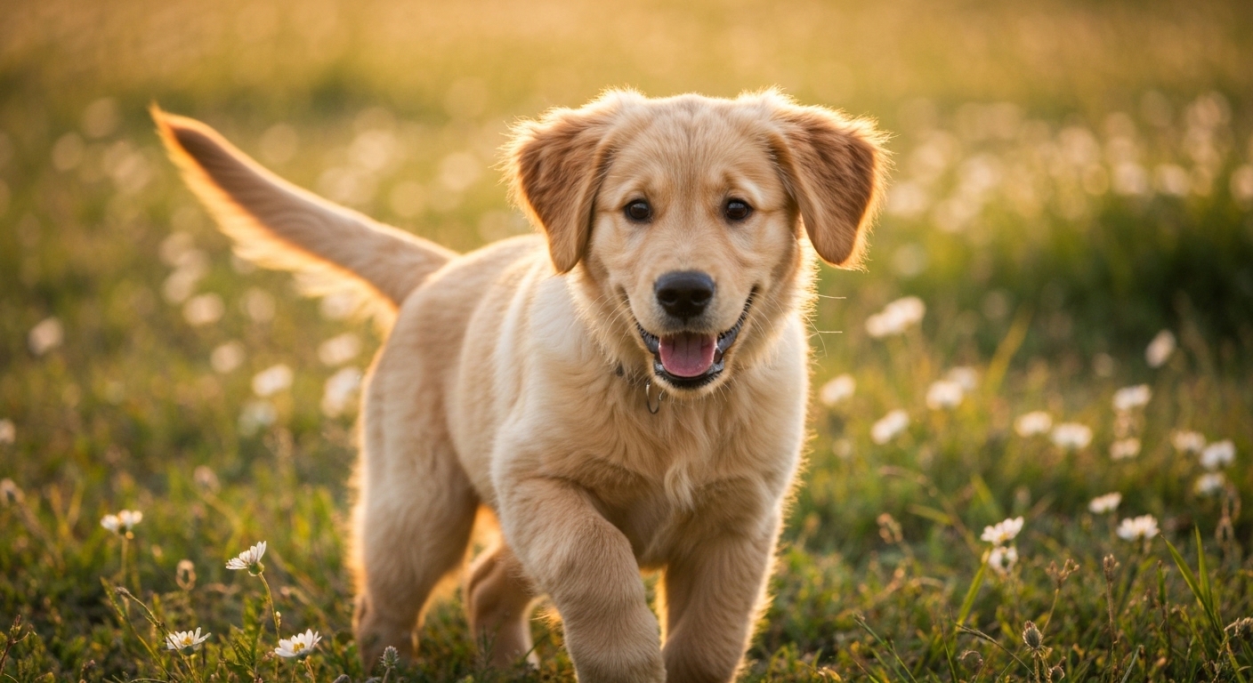 Joyful golden retriever looking at camera, hands typing on laptop.