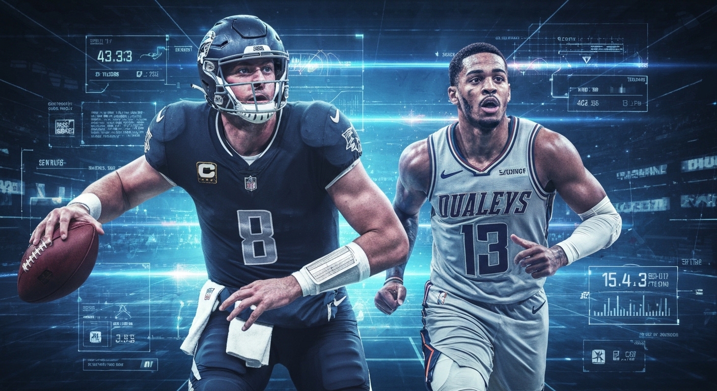 NFL quarterback and NBA point guard with glowing holographic data.
