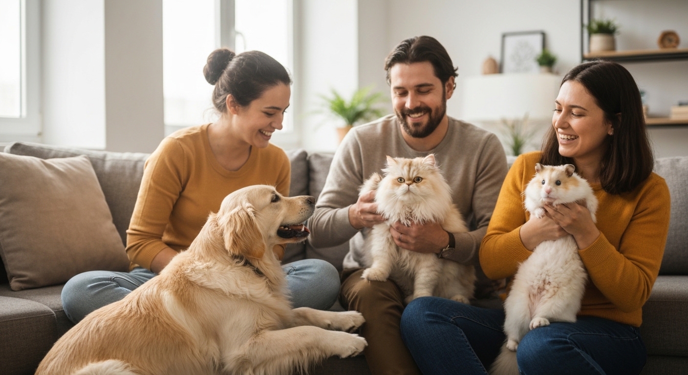 Diverse pet owners joyfully interacting with their dog, cat, and small pet.