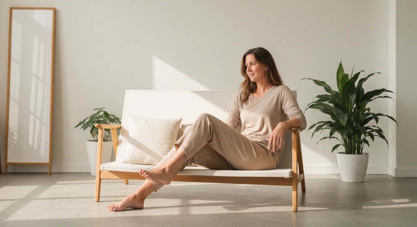 Serene, healthy individual in bright modern wellness space with abstract glow.