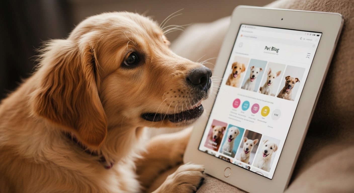 Joyful golden retriever puppy nudging a tablet with a vibrant pet blog.