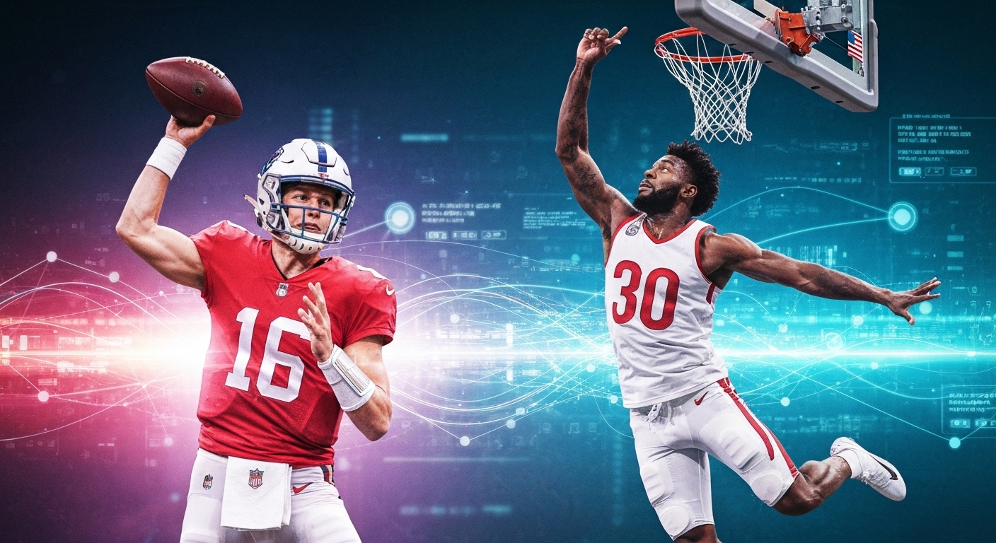 NFL quarterback throwing football, NBA player mid-air dunking.