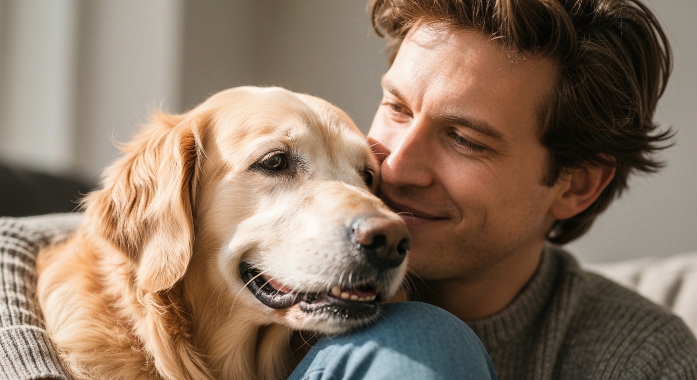 Happy senior golden retriever rests head on owner's lap, both smiling.