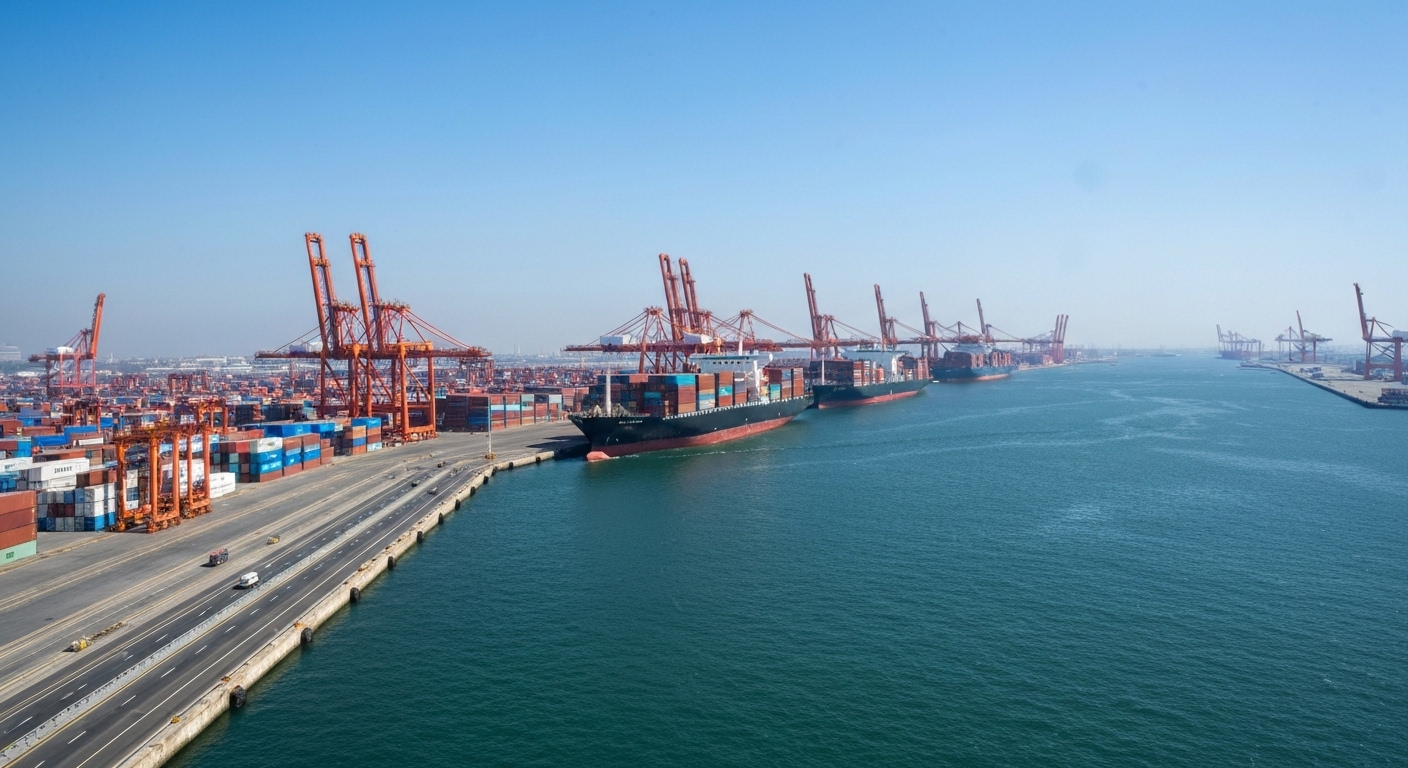 Still container ships at a major international shipping port in daylight.