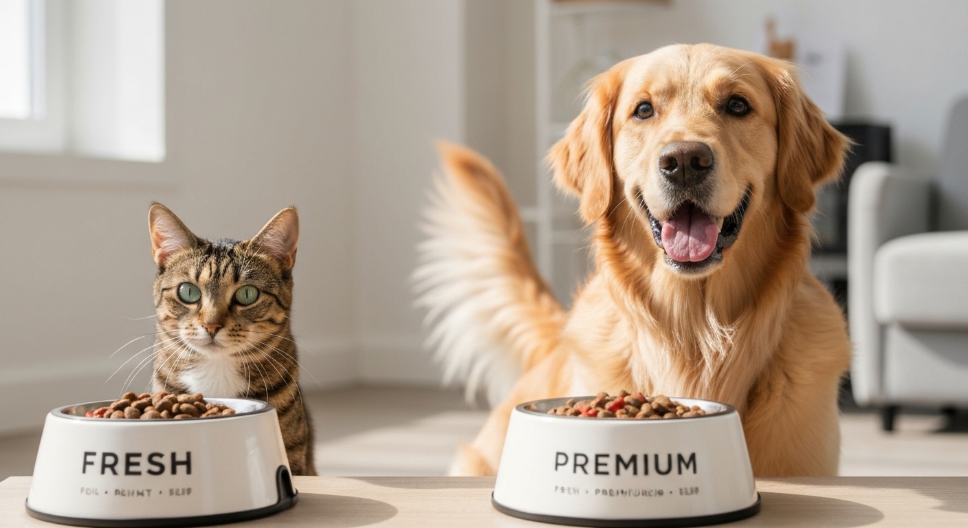 Golden retriever and tabby cat expectantly eye fresh food bowls.