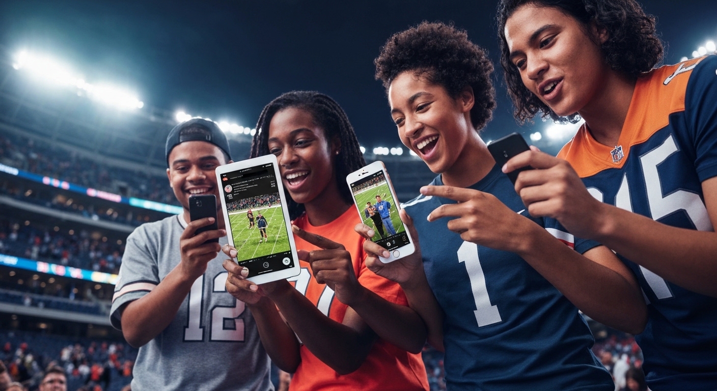 Diverse, energetic fans view sports on phones and tablets in a stadium.