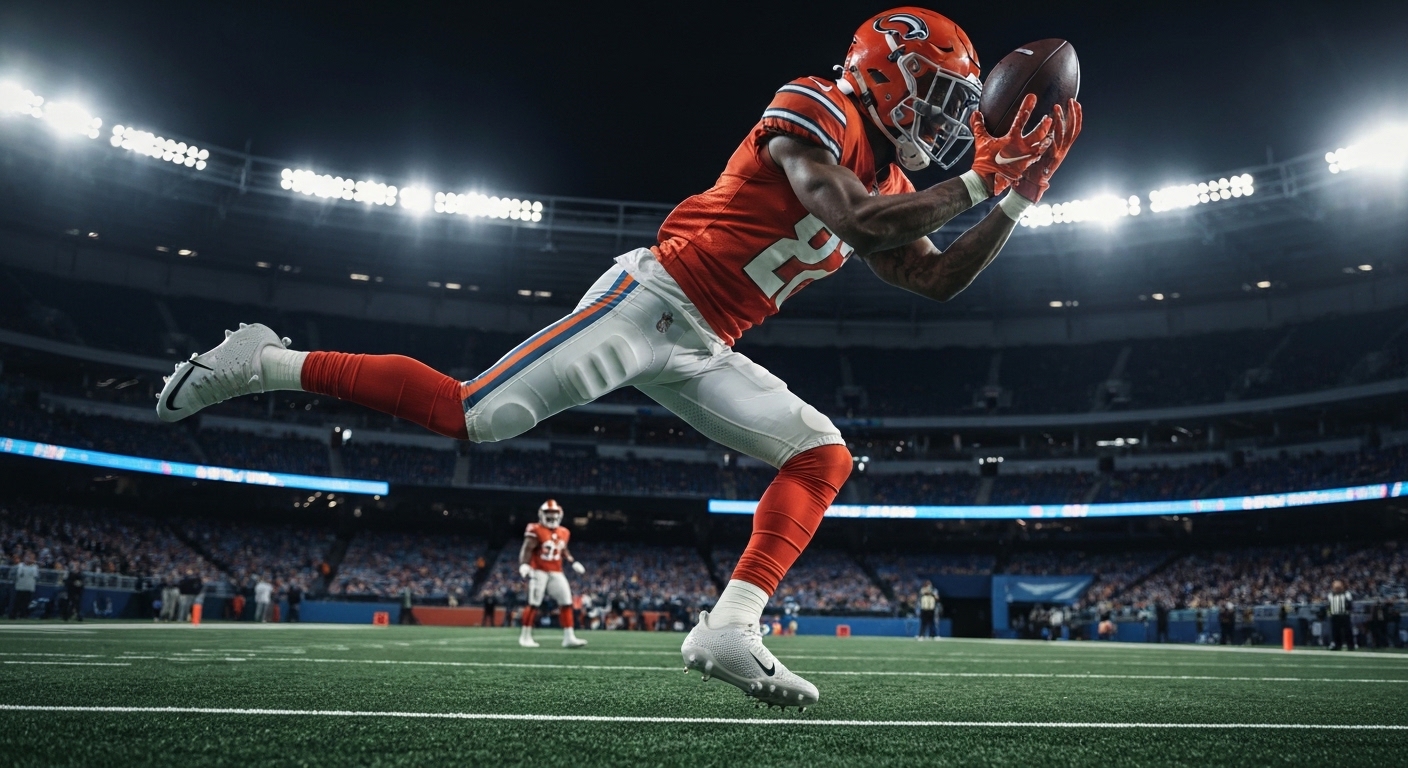 Dynamic wide receiver leaping high for an acrobatic catch.