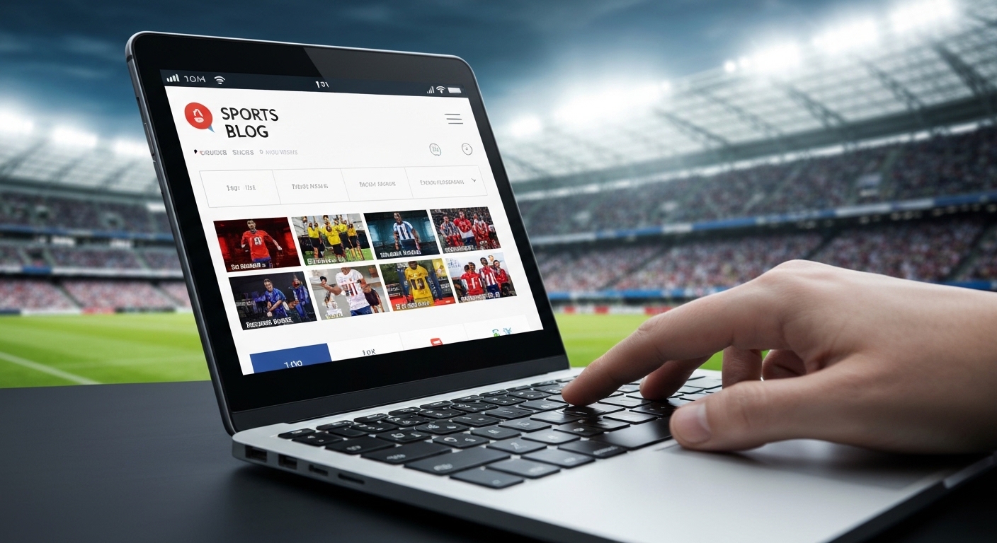 Futuristic laptop displaying a vibrant sports blog, hand on keyboard.