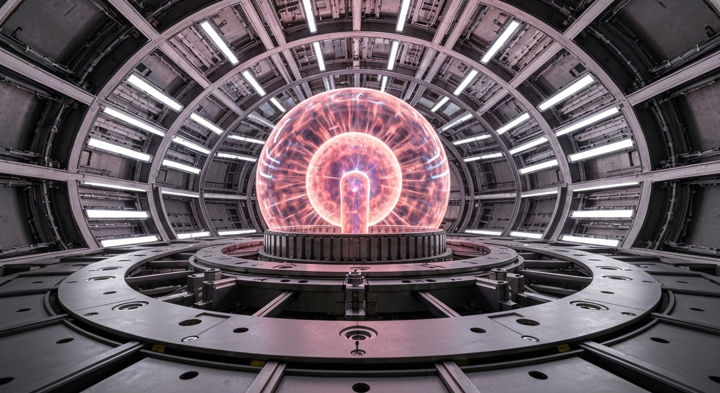 Glowing plasma sphere in futuristic fusion reactor core.