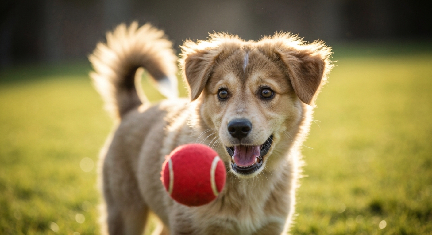 Joyful golden retriever puppy playing with a sleek smart pet toy.
