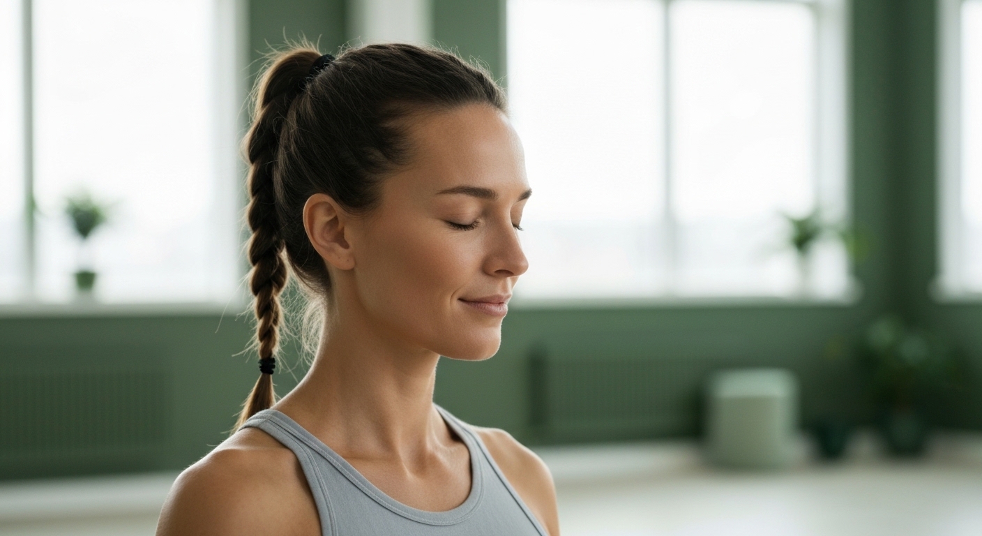 Serene person meditating in bright, naturally lit wellness space.