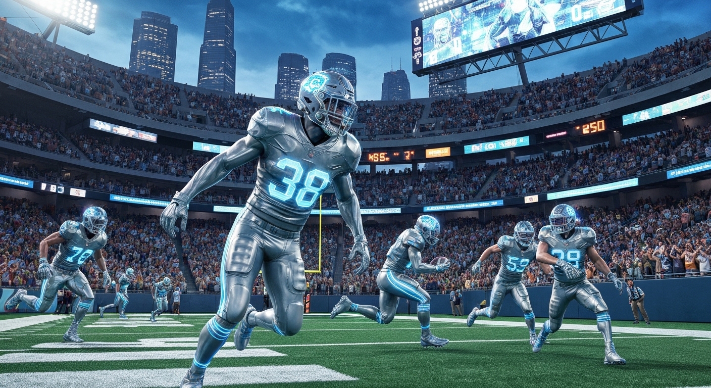 Intense futuristic NFL action with glowing data, fans using AR.