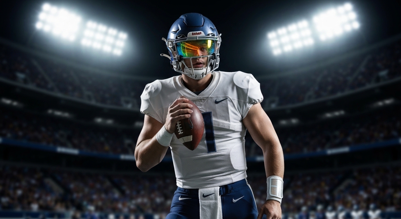 Quarterback mid-throw, helmet visor reflecting holographic social media feeds.