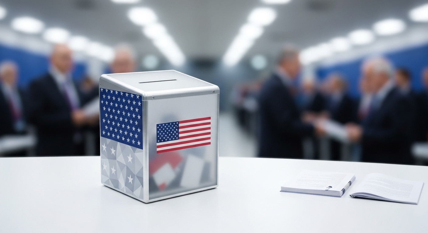 Futuristic, sleek ballot box with subtle American flag details.