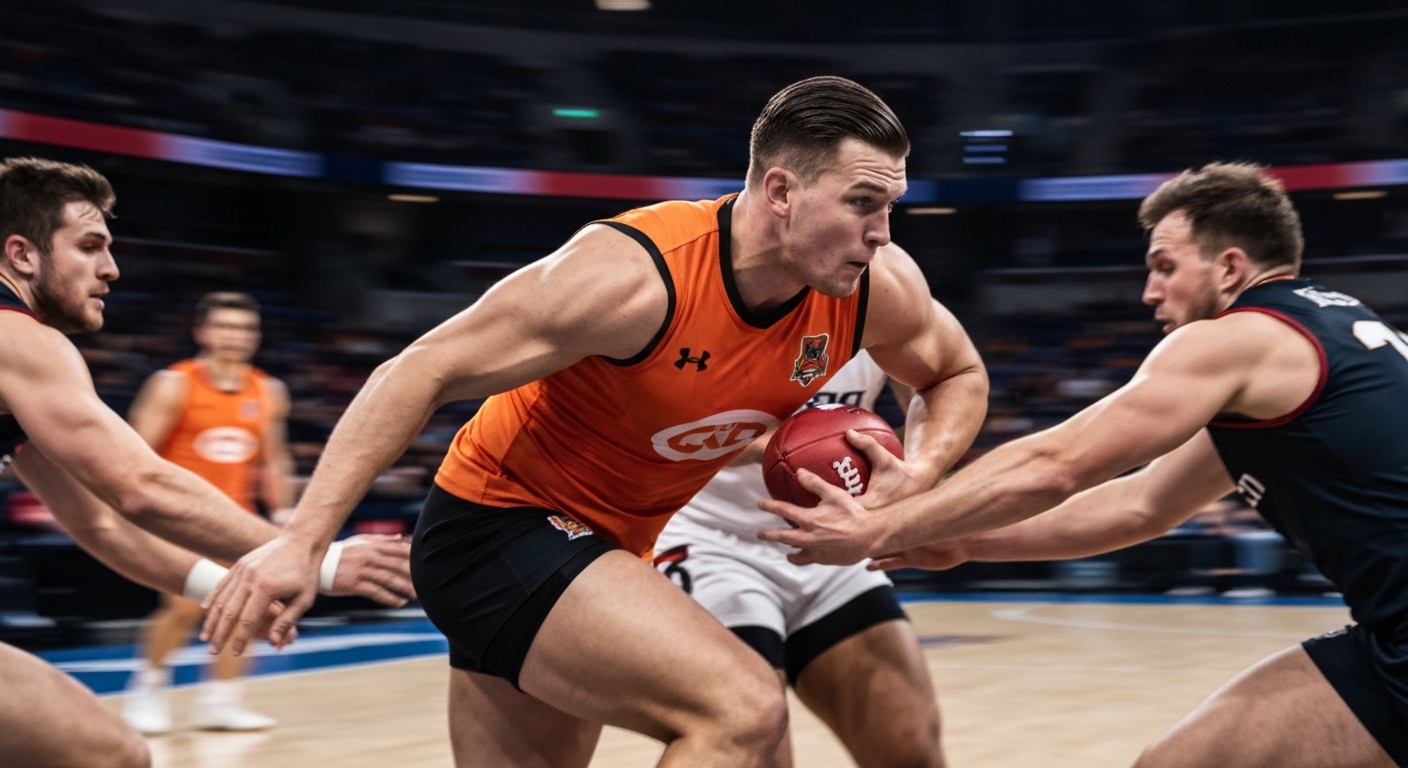 Star player powerfully dribbles through opposing basketball defenders.