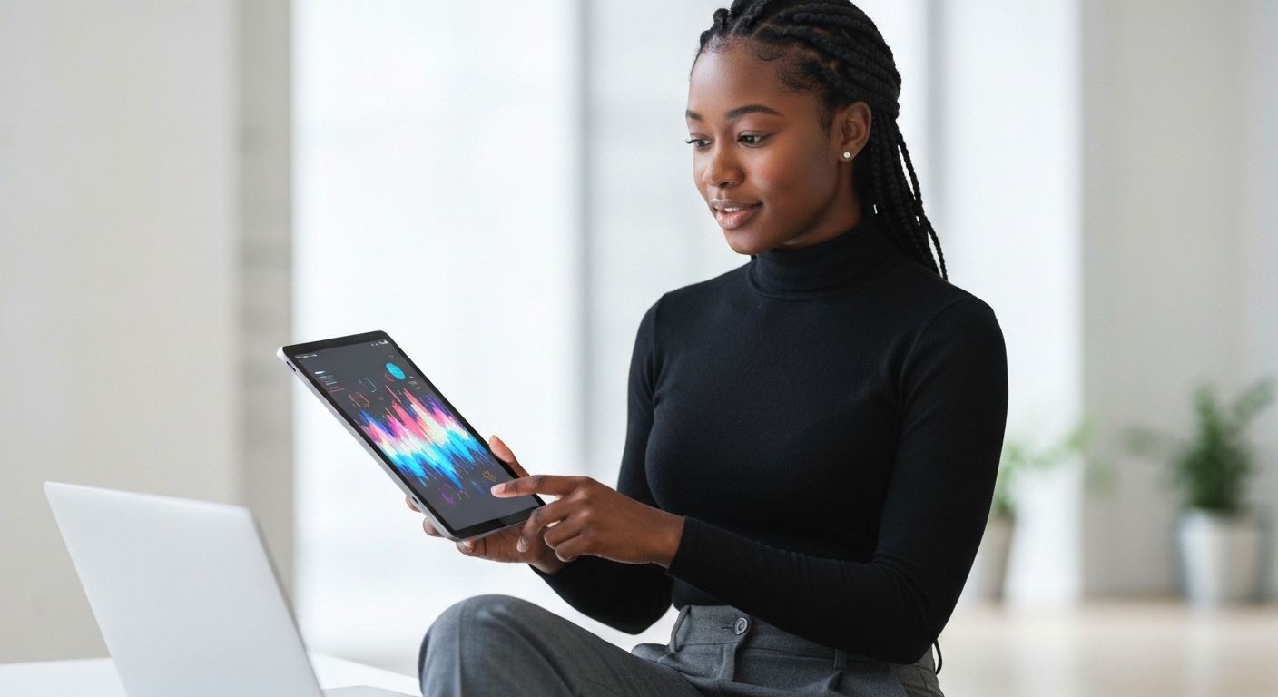 Confident person engaged with a digital device showing abstract data.