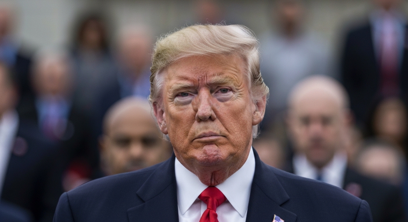 Donald Trump, authoritative and determined, making direct eye contact.