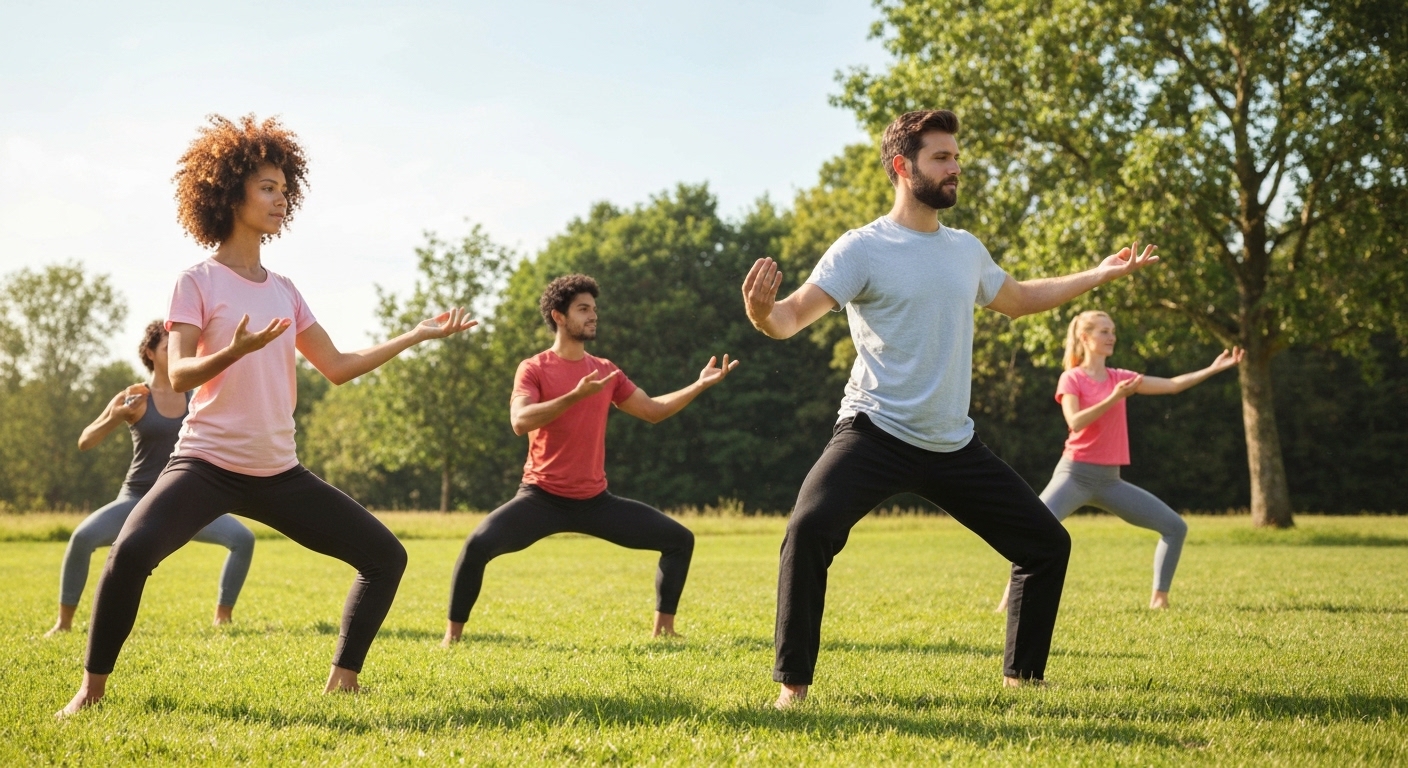 Diverse group enjoying mindful movement, healthy food, and nature.