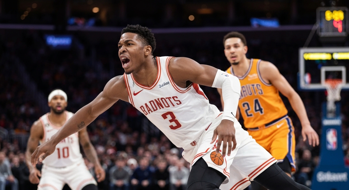 NBA player powerfully driving basketball to the basket.