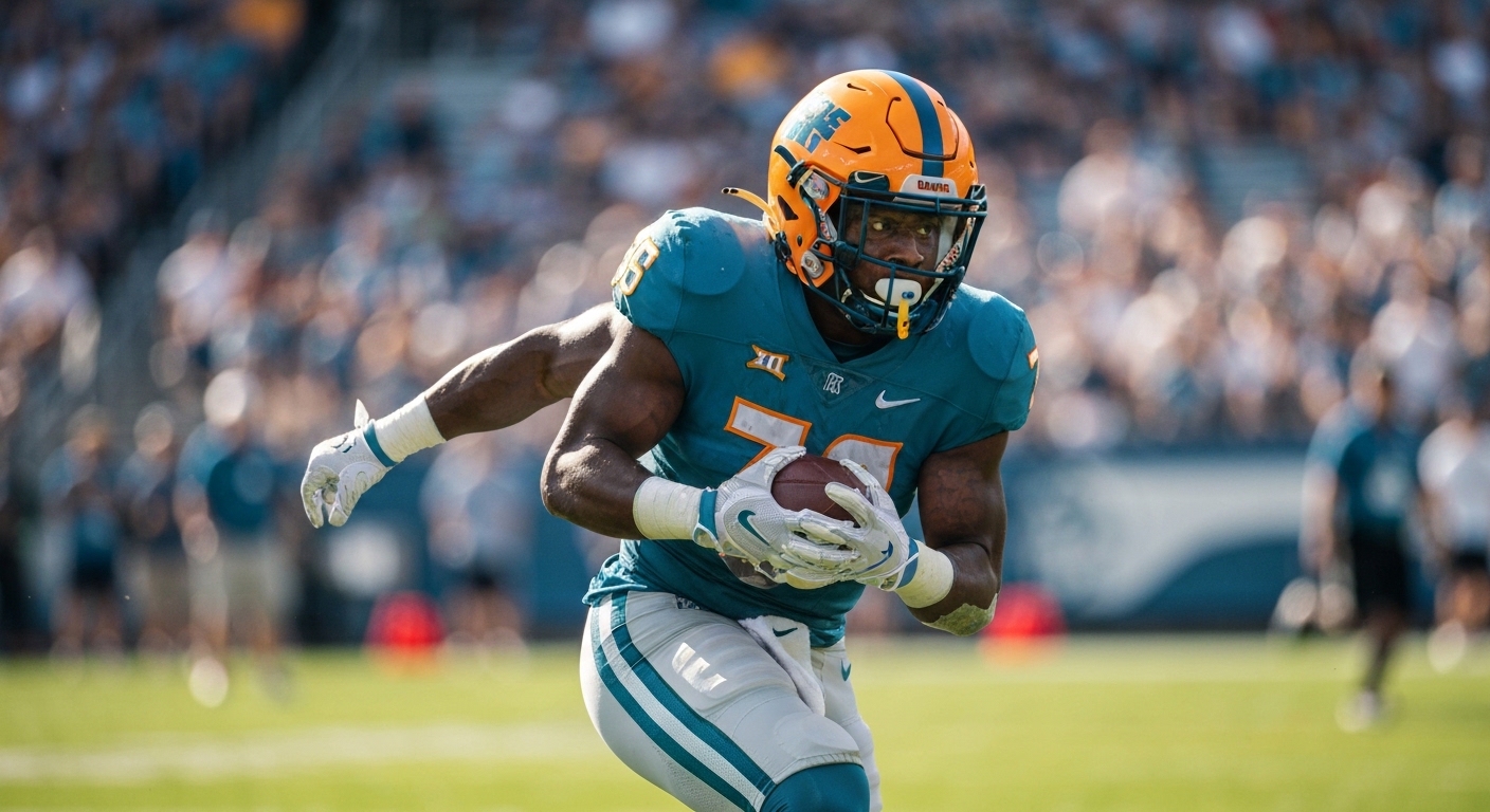 College football player in uniform makes a spectacular mid-air play.