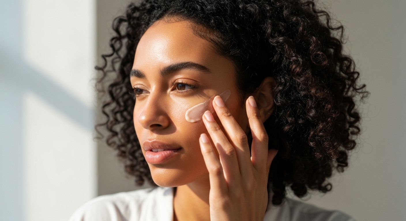 Serene woman gently applying natural skincare product.