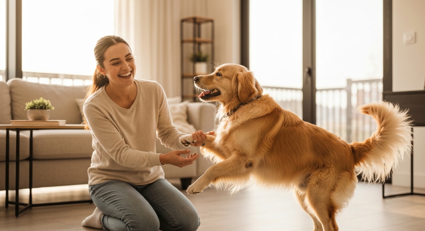 Joyful golden retriever playing with owner in modern, sunlit living room.