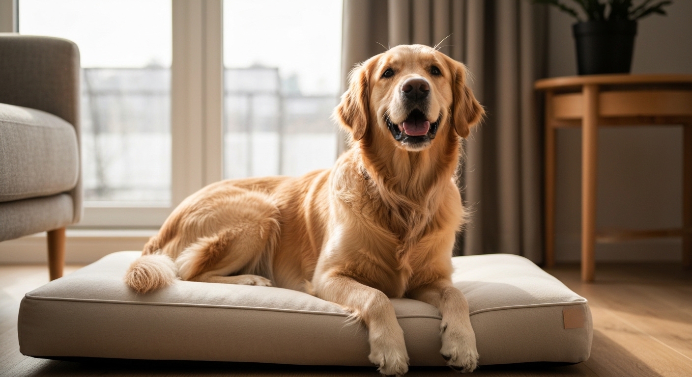 Joyful golden retriever comfortably lounging on a minimalist, luxurious pet bed.