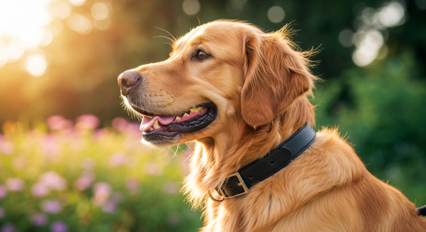 Happy golden retriever wearing a sleek smart collar.