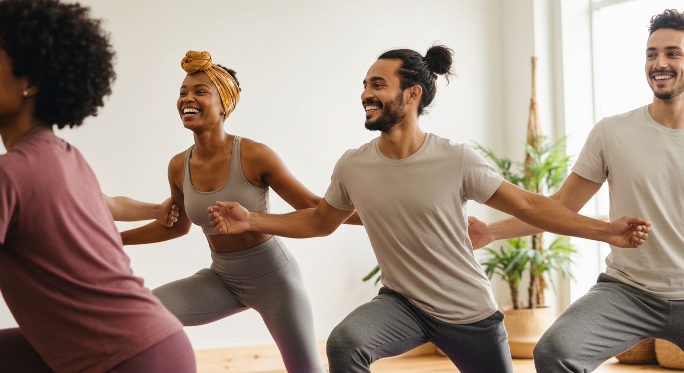 Smiling diverse person radiating health and vitality with modern wellness elements.