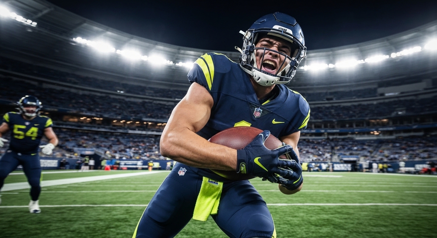 Powerful NFL receiver fully extended, making a spectacular catch.