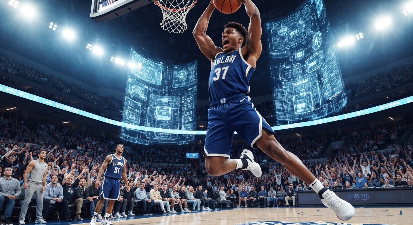 NBA player dunks mid-air, surrounded by glowing AI data and cheering crowd.