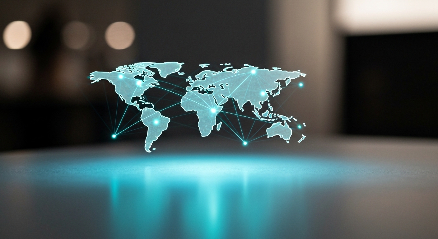 Holographic global network with glowing lines over a polished surface.