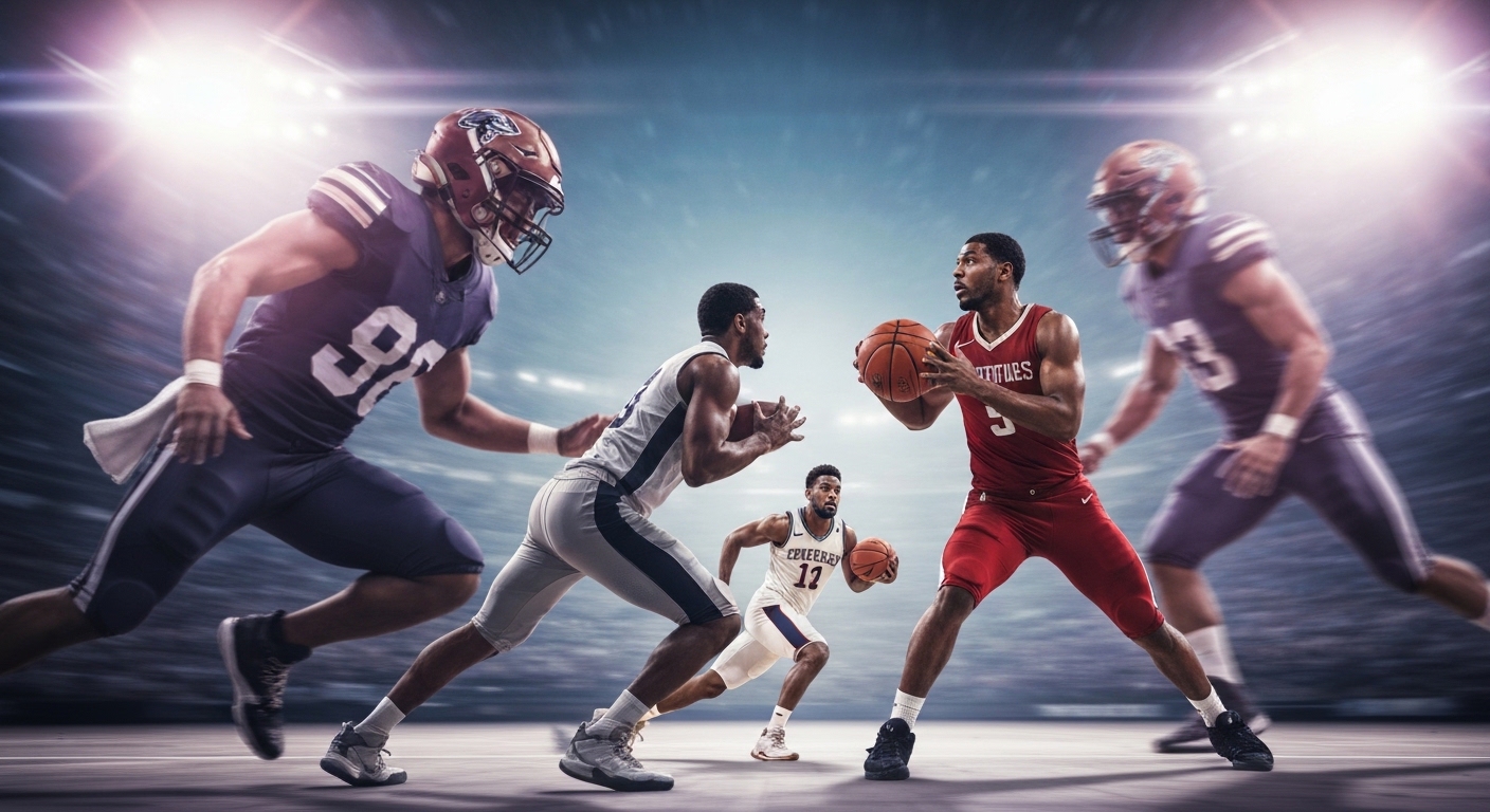 Blurred, energetic football, NBA, and college basketball players in action.