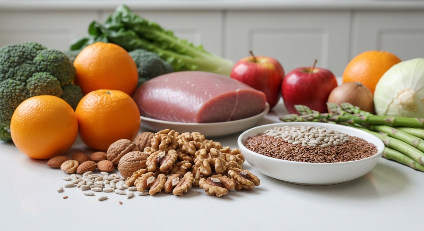 Artfully arranged colorful fruits, vegetables, nuts, seeds, and protein.