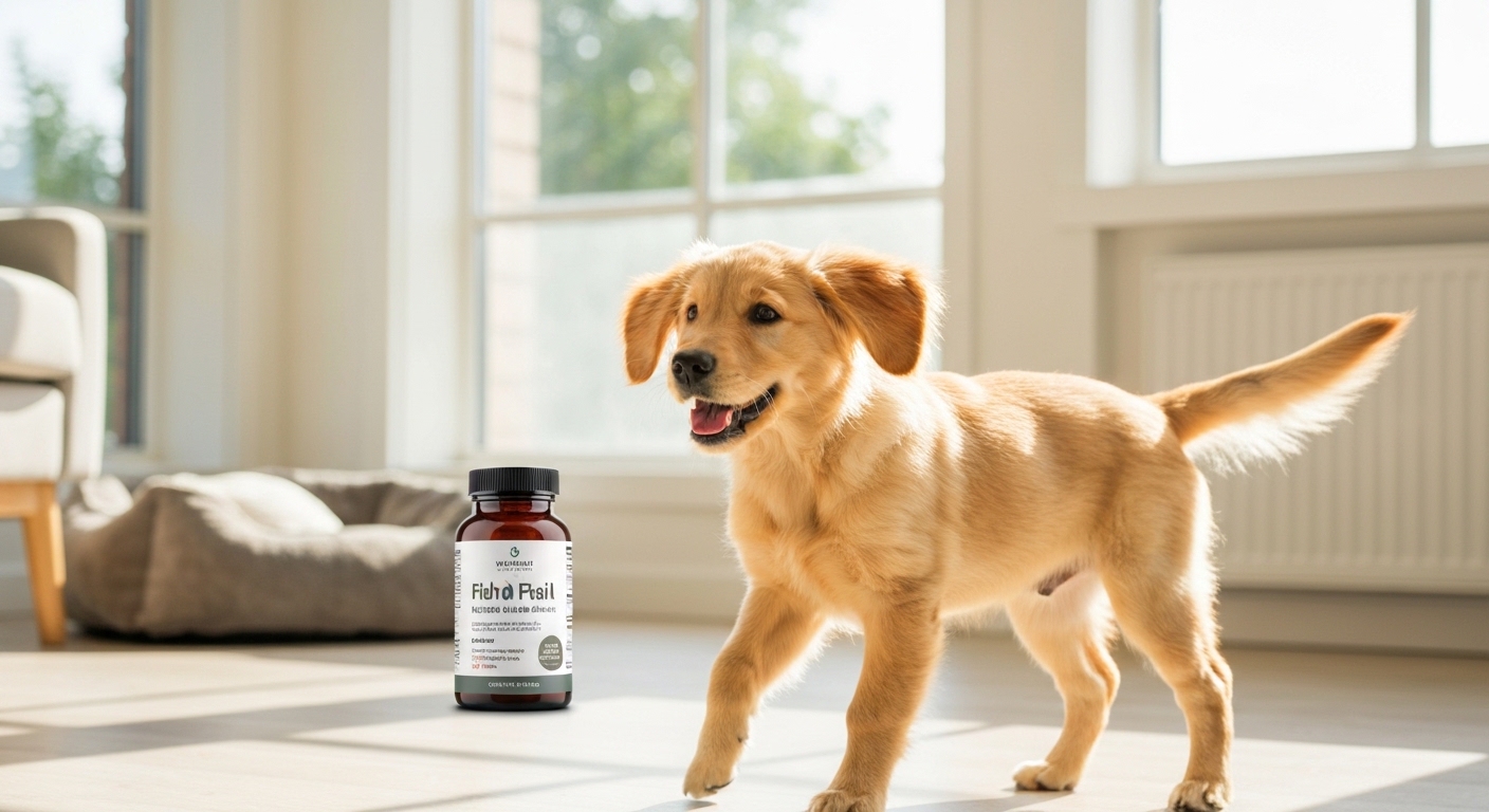Joyful golden retriever, alert and content, with blurred supplement bottle.