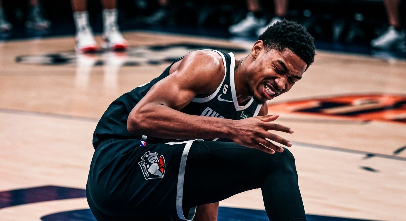 NBA player in mid-action, focused, showing subtle strain.