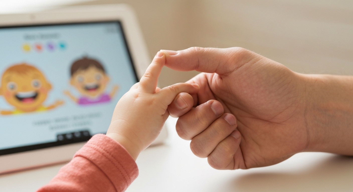 Child's bandaged hand gently held by adult, blurred tablet.