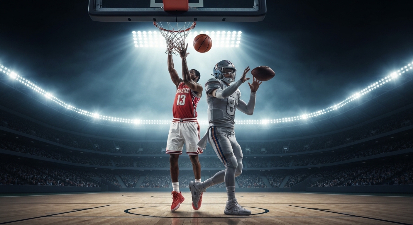 Basketball player dunking and football player throwing, their forms merging.