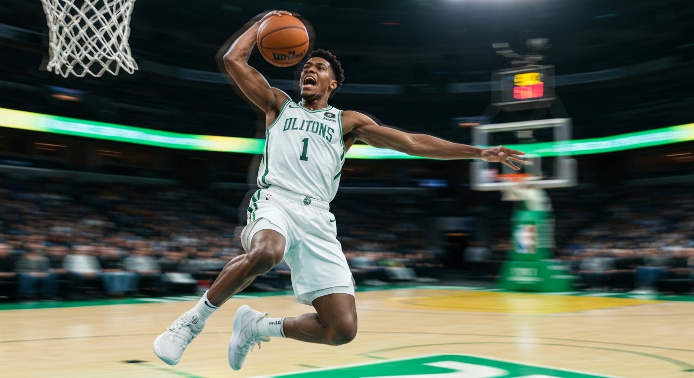 Dynamic NBA basketball player mid-air executing a powerful dunk.