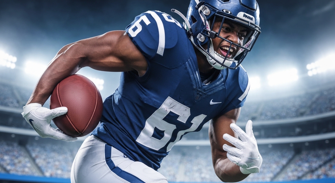 Determined football player sprinting with the ball, showing explosive speed.