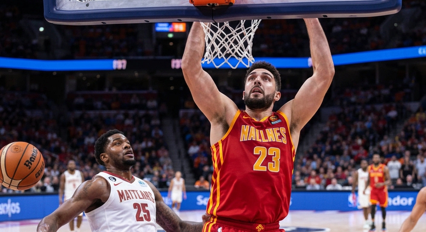 Athlete mid-dunk, focused expression, muscles straining.