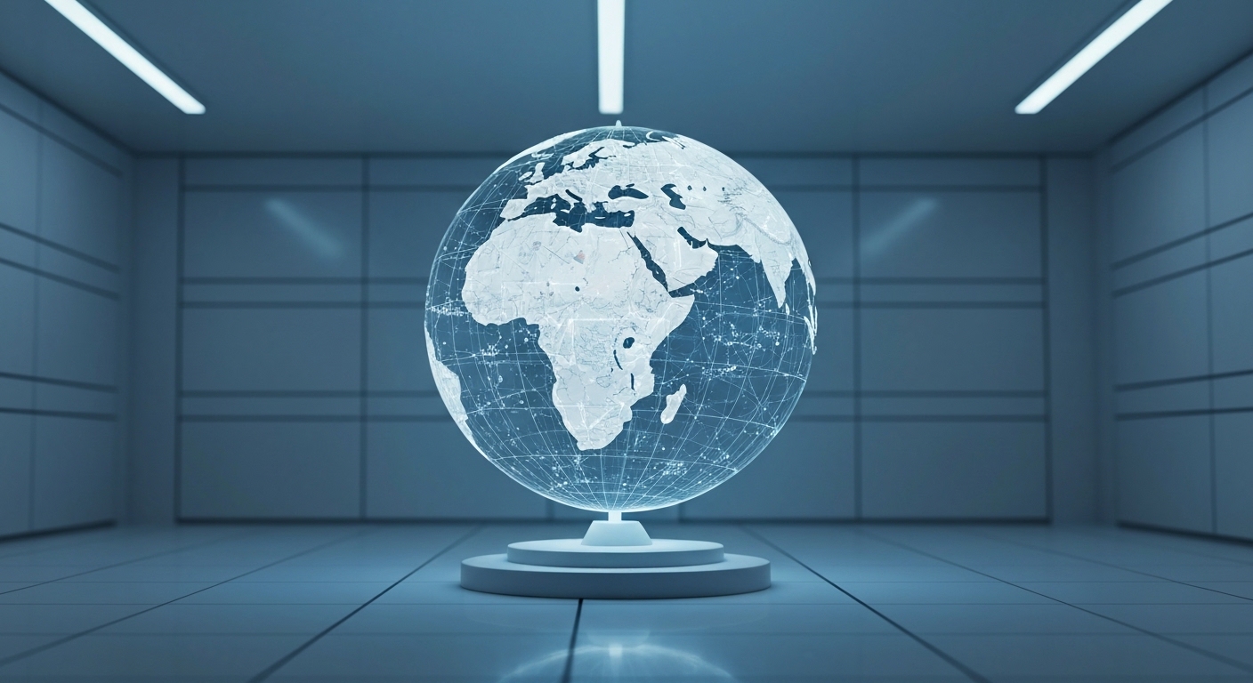 Stylized glowing globe with interconnected lines and abstract data points.