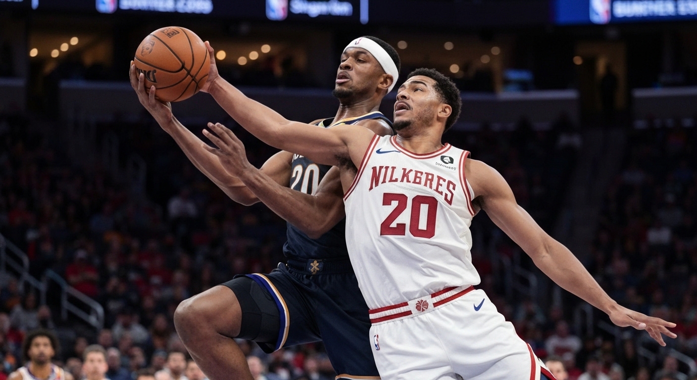 Two NBA players mid-air, one driving for a shot, one defending.