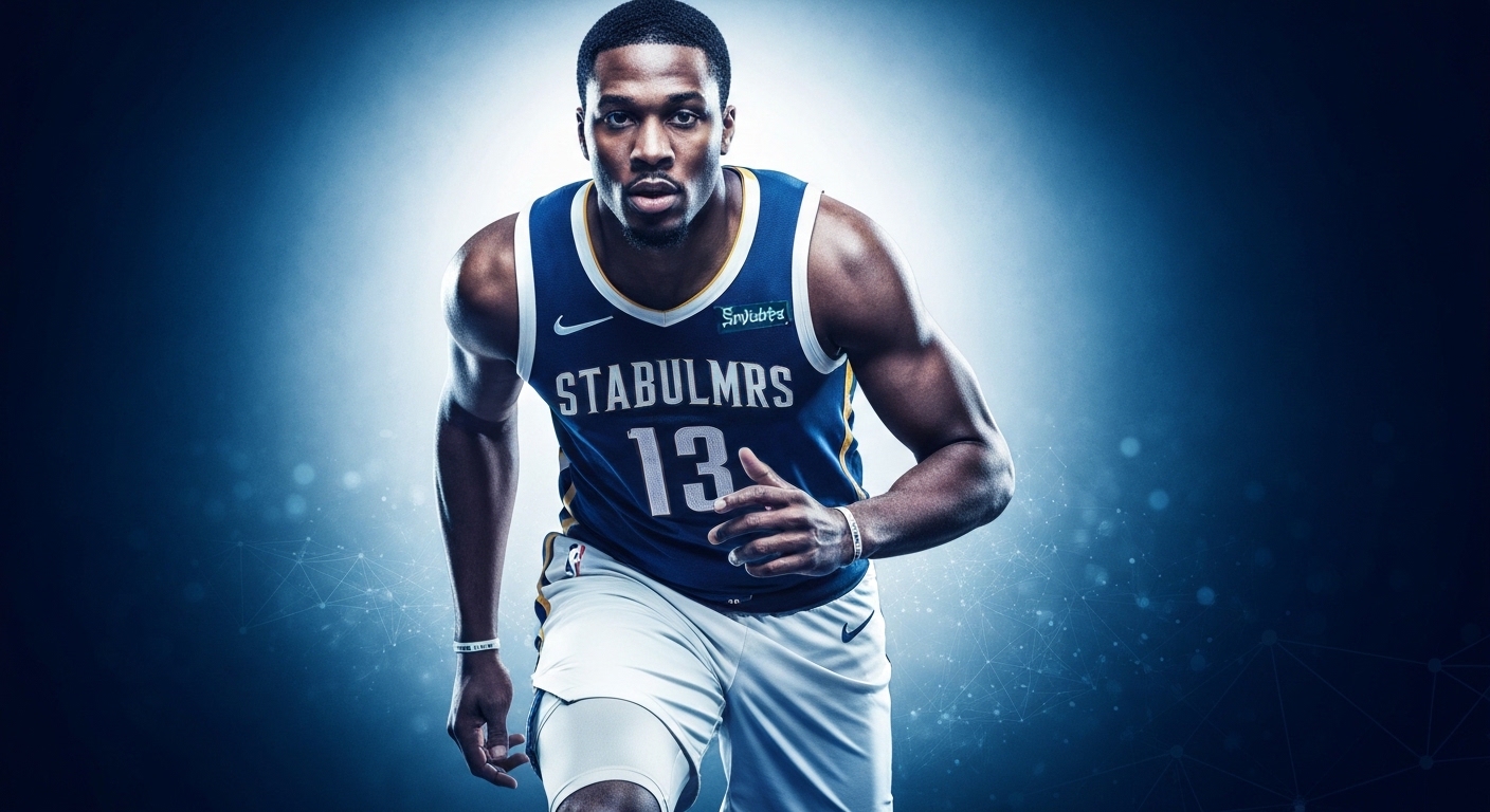 Powerful NBA/NFL athlete, mid-stride, confident gaze at viewer.