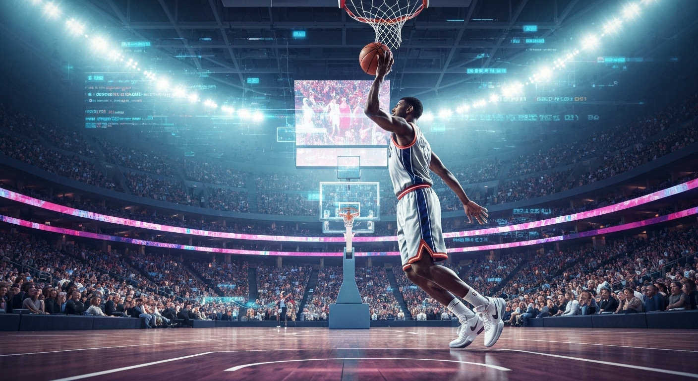 Futuristic arena, basketball player dunking, vibrant digital overlays.