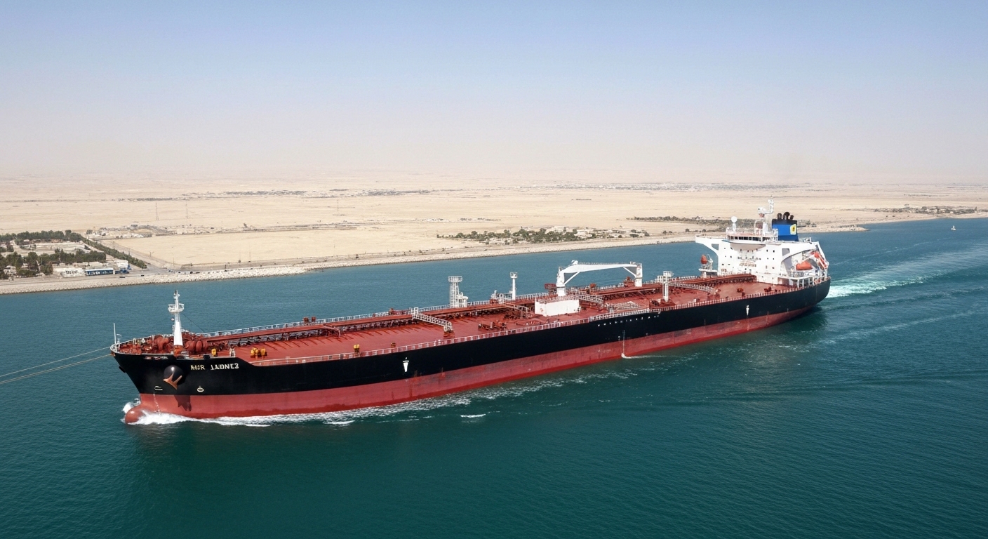 Massive oil supertanker prominently navigating the Strait of Hormuz.