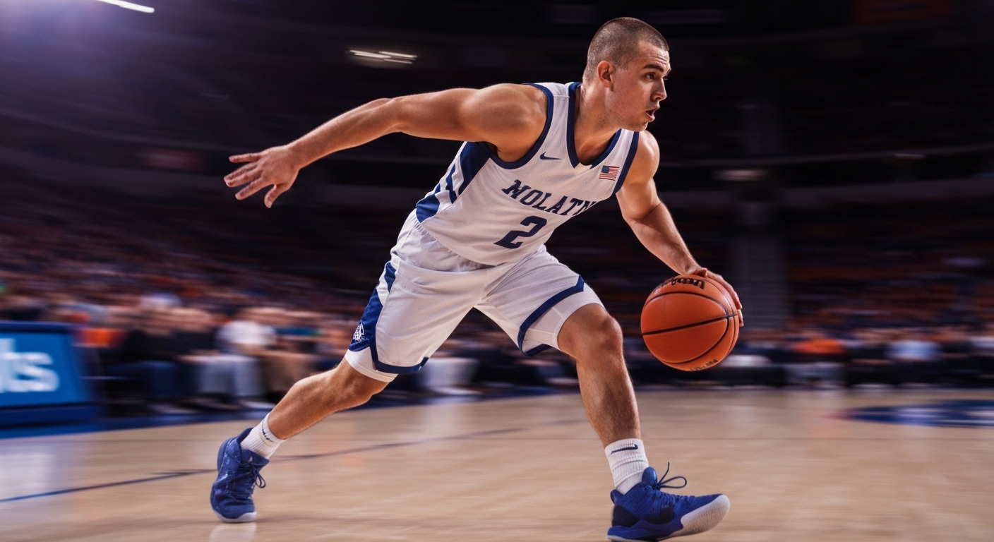 Dynamic basketball player drives ball to the hoop.